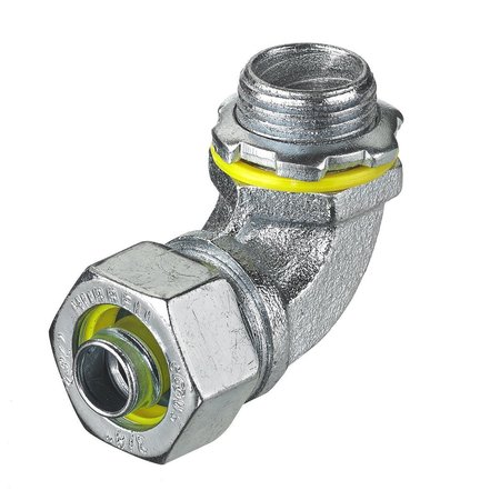 HUBBELL WIRING DEVICE-KELLEMS Kellems Wire Management, Liquidtight System, 90 Degree Male Liquid Tight Connector, 3/8", Steel, Non-Insulated H0389